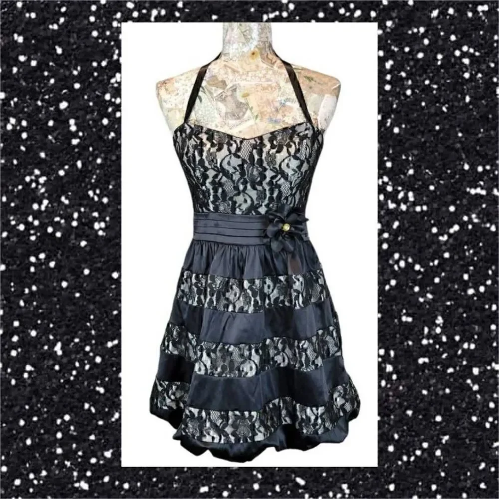 Cocktail Party Evening Black Lacey Layers Satin Strapless Sweetheart Mini Dress